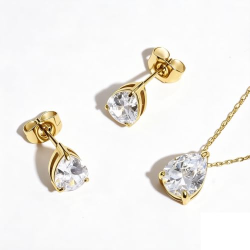 5A Cubic Zirconia Hypoallergenic Necklace and Earrings Set for Women, Dainty Stainless Steel Teardrop Solitaire Jewelry Sets Gift for Her - color: Gold