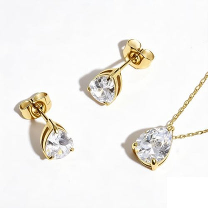 5A Cubic Zirconia Hypoallergenic Necklace and Earrings Set for Women, Dainty Stainless Steel Teardrop Solitaire Jewelry Sets Gift for Her - color: Gold