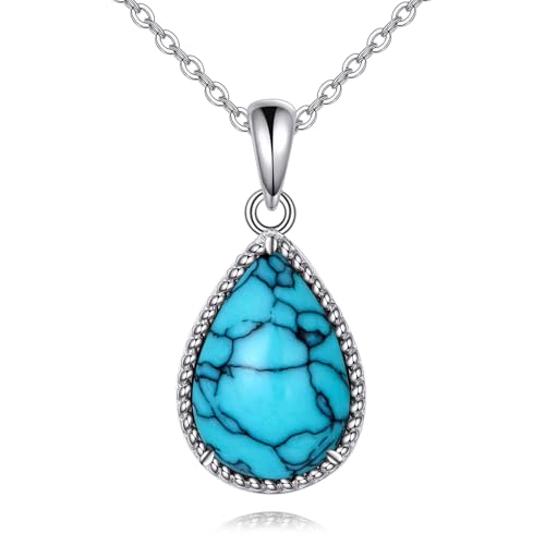 VONALA Sterling Silver Necklace Moss Agate/Turquoise/Larimar/Aquamarine/Opal/Black Onyx/Rose Quartz/Moonstone Pendant Teardrop Necklace Jewelry Gift for Women - style: Turquoise2