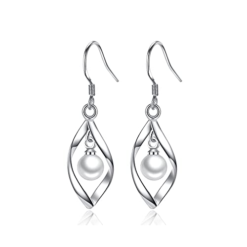 Linear Swirl Wire Earrings For Women dangling Boho Dangle Drop - color: Silver-pearl