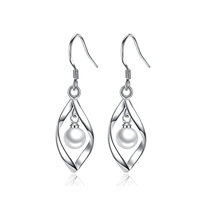 Linear Swirl Wire Earrings For Women dangling Boho Dangle Drop - color: Silver-pearl
