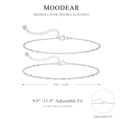 Moodear Ankle Bracelets for Women 14K Silver Plated Layered Chain Anklets | Waterproof Non Tarnish Adjustable Double Layer Anklet with Satellite Bead Chain Design for Summer Beach Jewelry Gift - color: silver-4