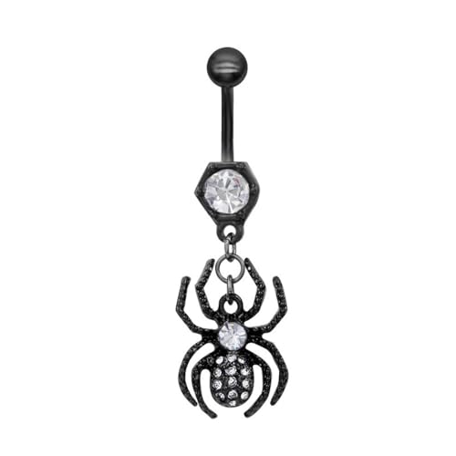 14G Black Spider Dangle Belly Button Ring for Women Rhinestone Crystal with Gothic Dangling Spider Belly Navel Rings Halloween Body Piercing Jewelry - color: White