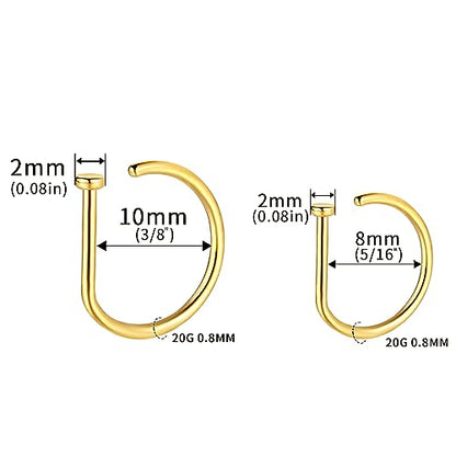 VOJO G23 Titanium 20G Nose Rings Hoops L Shaped Screw Nose Studs Diamond Small Piercing Jewelry for Women Men - color: D Nose Hoop Gold,20G 8mm+10mm