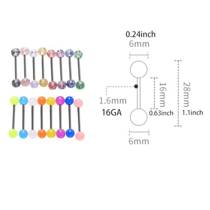 FORUBUS Colorful Tongue Rings Nipple Rings for Women Body Piercing Jewelry 14G 16mm Pierced Barbells Body Jewelry 50Pcs/30Pcs/20Pcs Pack - color: E-16pcs glow steel