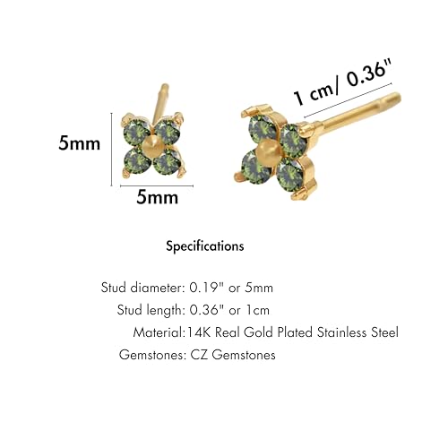QueenBee 14K Gold Plated Ivy Flower Birthstone Stud Earrings for Women Dainty Floral Gemstone Studs Unique Jewelry Gift for Her - color: Aug-Peridot