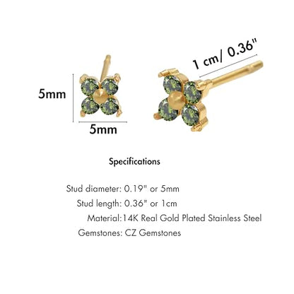 QueenBee 14K Gold Plated Ivy Flower Birthstone Stud Earrings for Women Dainty Floral Gemstone Studs Unique Jewelry Gift for Her - color: Aug-Peridot