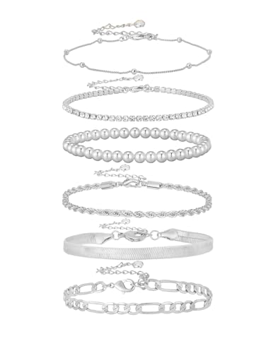 Gold Bracelets for Women 14K Gold Plated Stack Trend Bracelets Charm Paperclip Chain Cuban Link Layered Waterproof Bracelet Dainty Bracelet for Women Jewelry Gifts - color: 6Pcs Beaded Silver