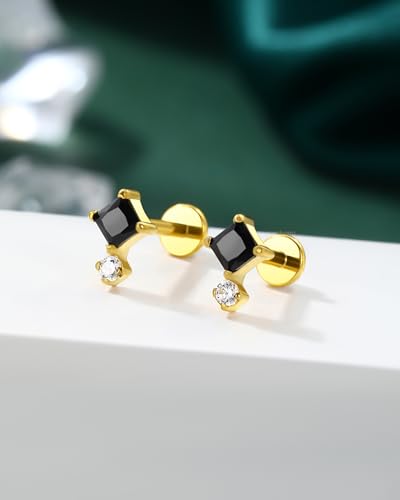 COCHARM 16G Threadless Labret Stud Earrings Flat Back Helix, Tragus, Cartilage,Conch Piercing Jewelry Square CZ Push Pin Lobe Stud 6mm 8mm 316L Steel Silver, Gold - color: Black, size: 1.2x6mm