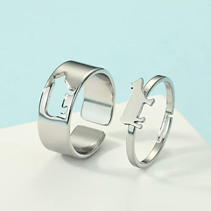 2PCS Matching Cute Animals Promise Engagement Rings for Couples Men Women Jewelry Band Sets 316L Stainless Steel Adjustable Open Ring - color: Cow-s