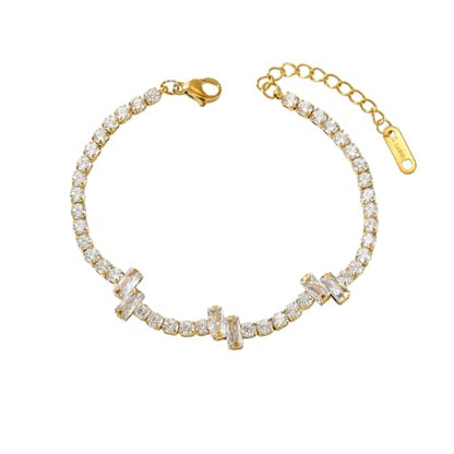 18K Gold Plated Cubic Zirconia Tennis Bracelet for Women Sparkling Stackable Stainless Steel Jewelry Hypoallergenic Tarnish Resistant Bridal Gift - color: White Baguette CZ-Gold