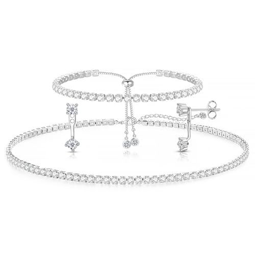 Luxval Tennis Necklace Set for Women Tennis Bracelets Diamond Earrings Sterling Silver Necklace Wedding Jewelry for Bride Silver Jewelry Sets for Women Gift - color: Silver-CZ 3pcs
