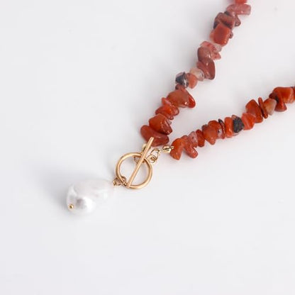 Bohemian Stone Pearl Choker Necklace for Women Dainty Natural Irregular Stone Choker Turquoise Beaded Lariat Necklace Simple Fashion OT Toggle Spiritual Handmade Jewelry - color: Red
