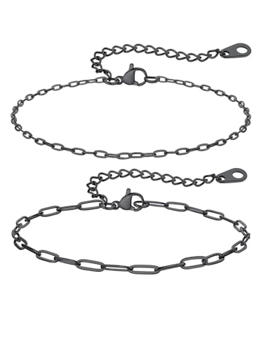 ChainsPro Stainless Steel Waterproof Anklet for Women, Adjustable Non Tarnish Layered Anklets, Trendy Dainty Cuban Link Ankle Bracelet Beach Jewelry Gifts for Swimming & Daily Wear (8.5+2 inches) - style: 2pcs-Style-A-Black