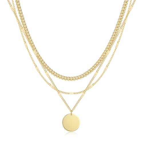 ASCOMY Layered Necklaces for Women Dainty Gold Necklace 14K Gold Plated Herringbone Necklace for Women Pearl Cross Necklace Paperclip Cuban Figaro Rope Satellite Chain Gold Choker Trendy Jewelry Gift - style: 3Layered Cuban Bar Coin-GD