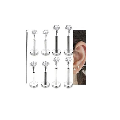 Incaton 18G Hypoallergenic Flat Back Stud Earrings, 316L Surgical Steel Internal Thread CZ Stud for Helix Tragus Cartilage Conch Nose Lip Rings Labret Piercing Jewelry For Women Gold/Silver Pack - color: Silver