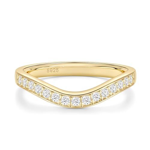 EAMTI 925 Sterling Silver Wedding Bands for Women Cubic Zirconia Wave Stackable CZ Curved Eternity Engagement Promise Gold Rings Size 4-10 - color: Sterling Silver-Gold