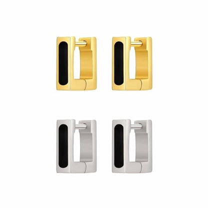 2 Pairs Gold/Silver Hoop Earrings For Women Set Trendy,14K Plated Gold Chunky Huggie Hoop Earings Pack,Oval Twisted Statement Silver Hoops,Fashion Jewelry Gift - color: B1 Black Square Hoops set