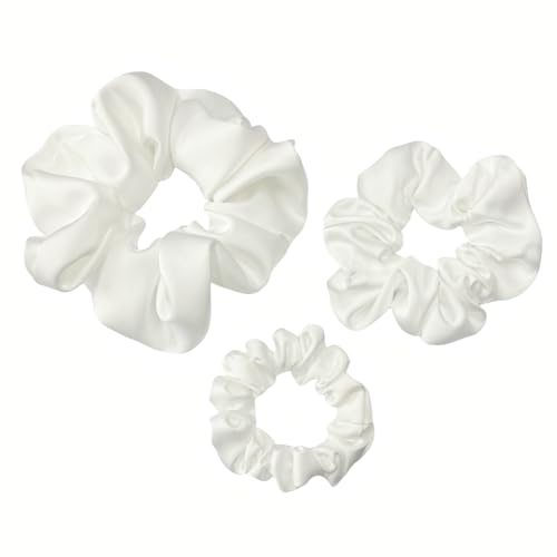3 Pieces Satin Scrunchies Set for Hair No Crease Elastic Hair Ties for Women and Girls (White) - color: White
