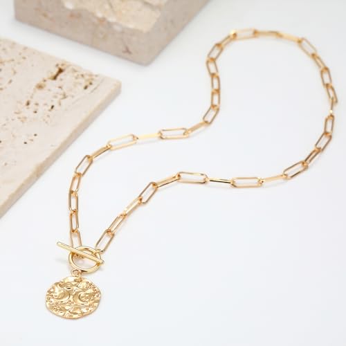 Chunky Gold Necklace for Women, 18K Waterproof Heart Necklace Statement Necklace Gold Charm Necklace Chunky Jewelry Paperclip Chain Choker Gift for Women - style: Star Moon Coin