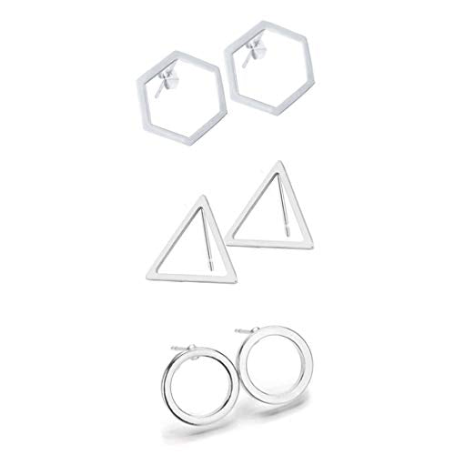 3 Pairs Geometric Hexagon Triangle Stud Earrings Minimalism Small Round Circle Ear Studs Earing for Women Jewelry Gift - color: Silver