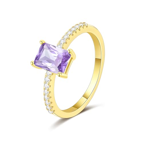 Honsny Gold Birthstone Rings for Women Non Tarnish 14K Gold Plated Emerald Engagement Promise Rings CZ Stackable Dainty Gemstone Pinky Eternity Band Ring Jewelry Birthday Gifts - color: Light Purple June, size: 7