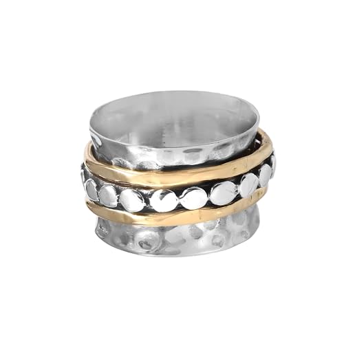 Hammered 925 Sterling Silver Designer Band Spinner Ring For Amazin Handmade Two Tone Meditation Ring For Her Silver Anxiety Bridesmaid Ring - size: 5