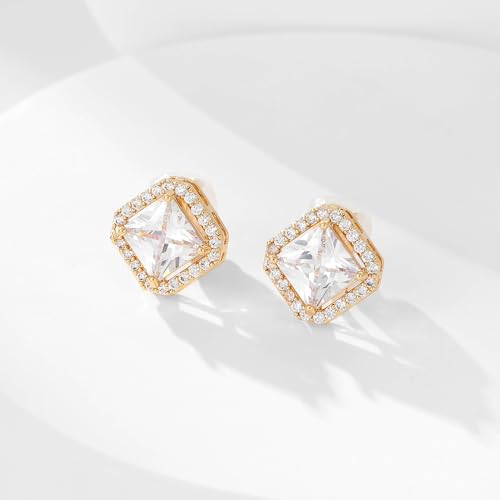 Clip On Earrings for Women Halo Clip-on Non-pierced Earrings Gold Plated Small CZ Studs Dainty Jewelry - color: Square