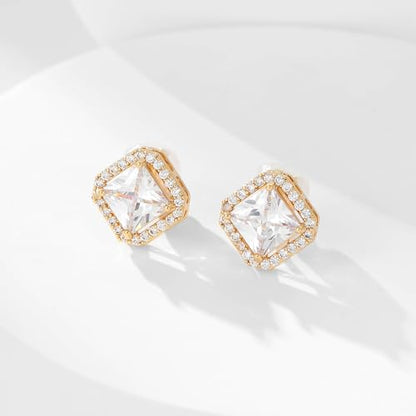Clip On Earrings for Women Halo Clip-on Non-pierced Earrings Gold Plated Small CZ Studs Dainty Jewelry - color: Square