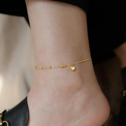 Dainty Gold Anklets for Women Stainless Steel Simple Ankle Bracelets Summer Beach Foot Chain Jewelry Gift - color: Heart and Beads