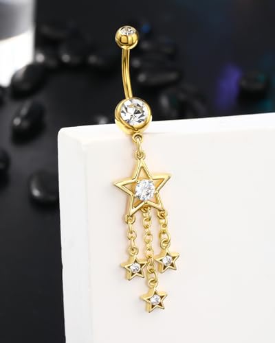 Dangle Belly Button Rings 14G Star Dangly Belly Navel Rings for Women Silver Belly Piercing Jewelry Dangling Stainless Steel - color: Gold