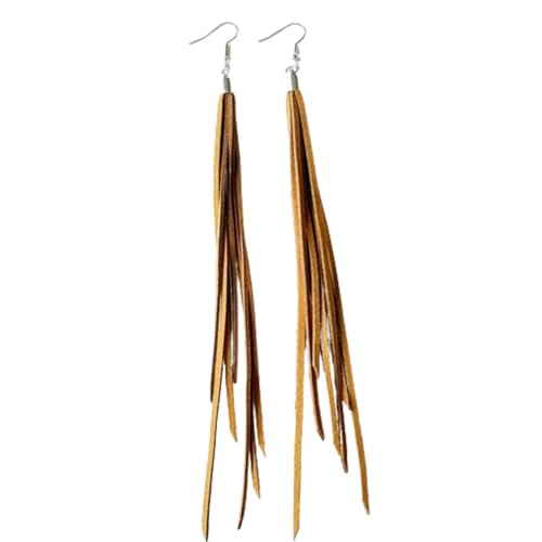 Leather Tassel Earrings Bohemian Tassel Fringe Dangle Earrings Boho Handmade Leather Feather Long Tassel Earrings Western Jewelry for Women - color: Brown