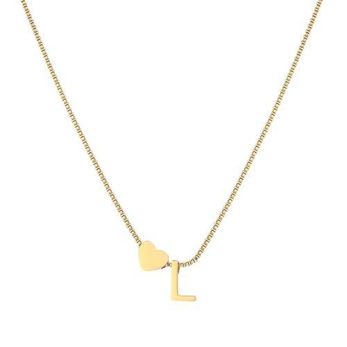 18K Real Gold Plated Heart Initial Necklace for Women-Personalized A-Z Letter Pendant on Durable Stainless Steel Box Chain (16+2.5 inch Adjustable) Hypoallergenic Everyday Jewelry Gift Boxed for Mom Wife - style: Gold:L