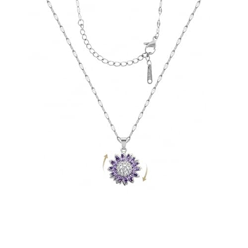 Sunflower Fidget Necklace for Women Gold Moon Necklace Rotating Heart Necklaces Spinning Crystal Flower Anxiety Necklaces Crescent Moons Jewelry Accessories - color: Silver Purple