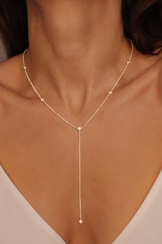 CHESKY Lariat Gold Necklace for Women, Dainty Long Necklace 14k Gold Plated Y-Shaped Pendant Necklace Trendy Layered CZ Beaded Chain Drop Necklaces Simple Gold Jewelry for Women Gifts - color: 1