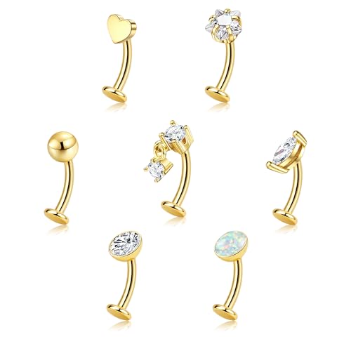 ORAZIO 7 Pcs Belly Button Ring Surgical Steel Hypoallergenic Floating Belly Button Rings for Women Flat Back CZ Opal Internally Threaded Long Bar Navel Piercing Jewelry 14G Gold Silver Tone - color: Gold Tone, size: 8mm