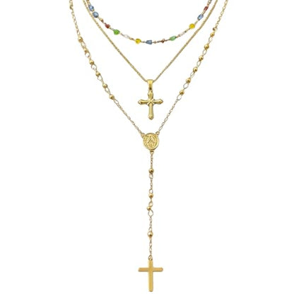 Layered Necklace for Women, Cross Pendant Y Necklace Set, 18K Gold Plated Dainty Stackable Jewelry Gift for Everyday Wear - style: 3PCS - E
