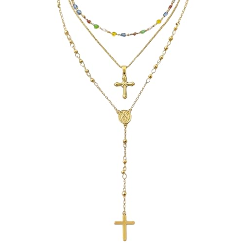 Layered Necklace for Women, Cross Pendant Y Necklace Set, 18K Gold Plated Dainty Stackable Jewelry Gift for Everyday Wear - style: 3PCS - E