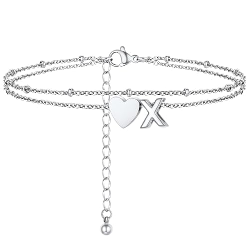 Initial Ankle Bracelets for Women, Dainty Stainless Steel Letter A-Z Layered Anklets, Heart Ankle Bracelet 8.5"-10.5" Adjustable, Summer Beach Jewelry, Come with Box - color: Silver, size: X