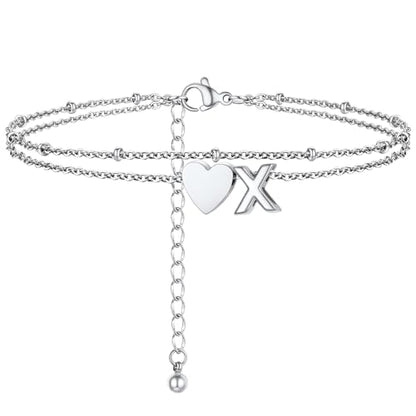 Initial Ankle Bracelets for Women, Dainty Stainless Steel Letter A-Z Layered Anklets, Heart Ankle Bracelet 8.5"-10.5" Adjustable, Summer Beach Jewelry, Come with Box - color: Silver, size: X