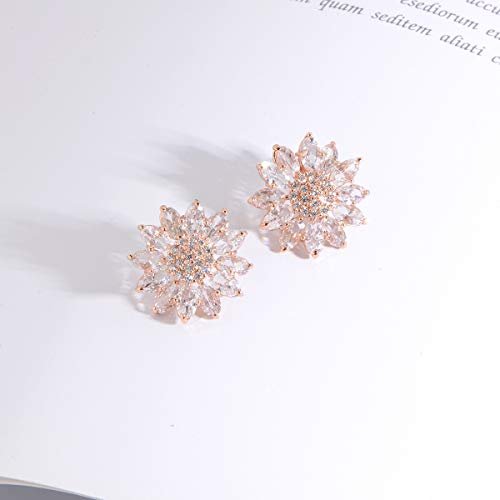 Crystal Flower Burst Stud Earirings - Big Sterling Silver CZ Cubic Zirconia Rhinestone Daisy Sunflower Floral Cluster Studs Bridal Wedding Party Prom Costume Jewelry for Bride Bridesmaids Women Birthstone Birthday Gift - color: Rose Gold