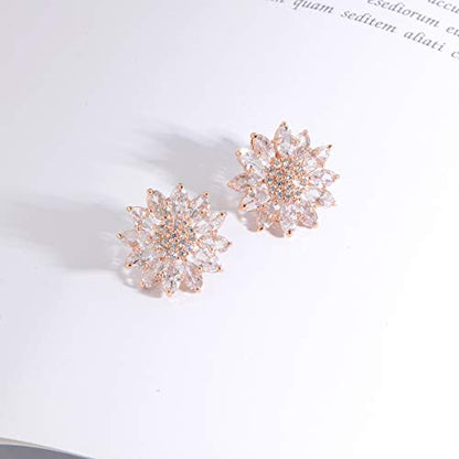 Crystal Flower Burst Stud Earirings - Big Sterling Silver CZ Cubic Zirconia Rhinestone Daisy Sunflower Floral Cluster Studs Bridal Wedding Party Prom Costume Jewelry for Bride Bridesmaids Women Birthstone Birthday Gift - color: Rose Gold