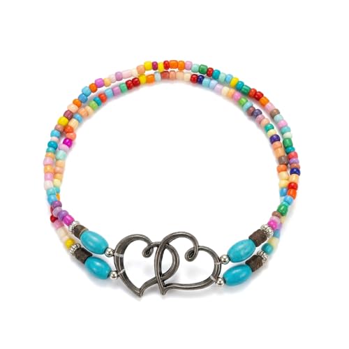 Ankle Bracelets for Women Waterproof Elastic Anklets | Boho Layered Beaded Ankle Bracelet Double Heart Colorful Anklet Summer Beach Jewelry Accessories - style: Colour Black Style