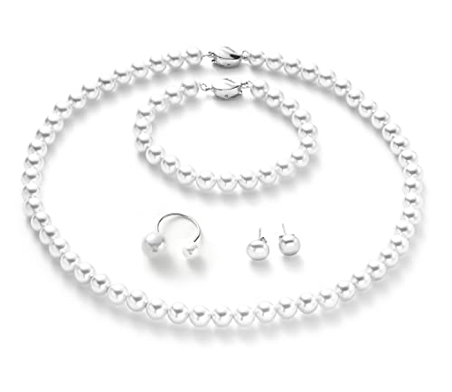Pearl Jewelry Set for Women, Complete Set Includes Necklace, Bracelet, Earrings - Fashion Pearl Jewelry with Box for Wife, Mom, Sister, Bride, Bridesmaid - style: Complete Pearl Jewelry_4 Set