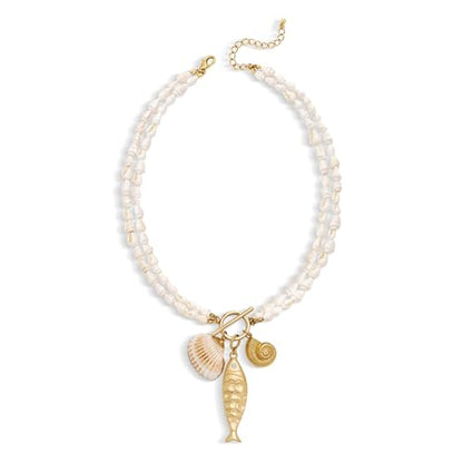 Shell Necklaces for Women Trend Boho Scarf Necklaces Ocean Mermaid Conch Seashell Necklace Summer Gold Fish Necklace Fashion Beach Jewelry - color: Shell fish beaded necklace