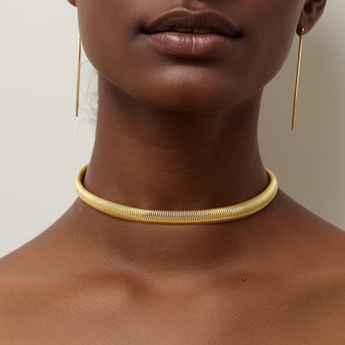 Badu Chunky Gold Stainless Steel Choker Necklace For Women Stretch Snake Shain Non Tarnish Gold Triple Necklace - color: Gold-01