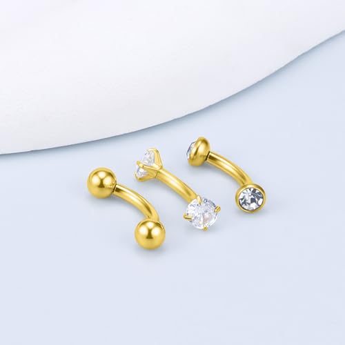 14G Small Belly Button Ring Piercing Jewelry 316L Stainless Surgical Steel Tiny Internally Threaded Navel Rings Belly Button Ring Piercing Jewelry for Women 14 Gauge Hypoallergenic - color: Gold-10MM Bar-Clear CZ