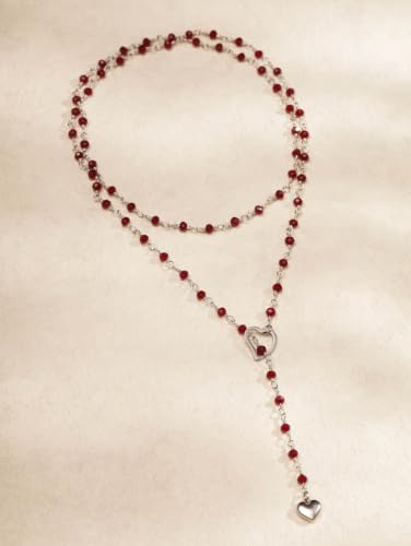 Sacina Long Lariat Beaded Heart Choker Necklace, Goth Emo Punk Grunge Necklace - color: Red