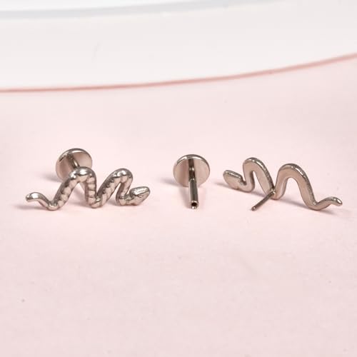 limerencia G23 Hypoallergenic 18g Flat Back Stud Earrings | F136 Implant Grade Titanium Pressfit Threadless Push Pop in Cartilage Helix Labret Lip Monroe Tragus Flat Back Piercing Studs - color: Snake Silver