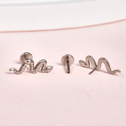 limerencia G23 Hypoallergenic 18g Flat Back Stud Earrings | F136 Implant Grade Titanium Pressfit Threadless Push Pop in Cartilage Helix Labret Lip Monroe Tragus Flat Back Piercing Studs - color: Snake Silver